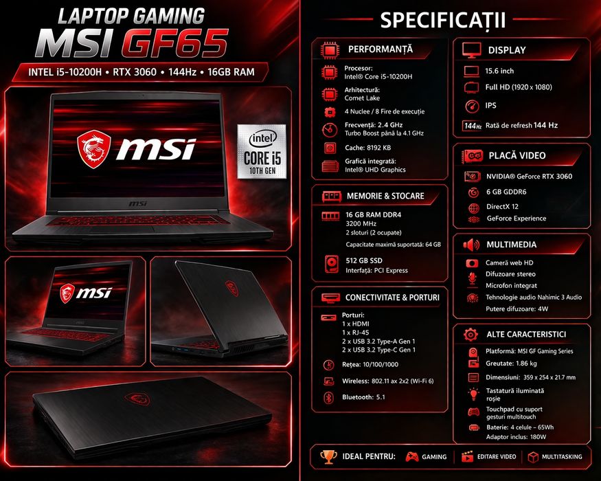 MSI GF65 Thin RTX 3060 6GB / 16GB / 144Hz / i5 + Cooler Gaming