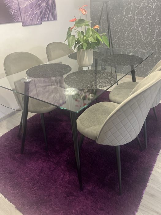 Scaune Jysk gri catifea cu picoare negre din otel/ 4 bucati