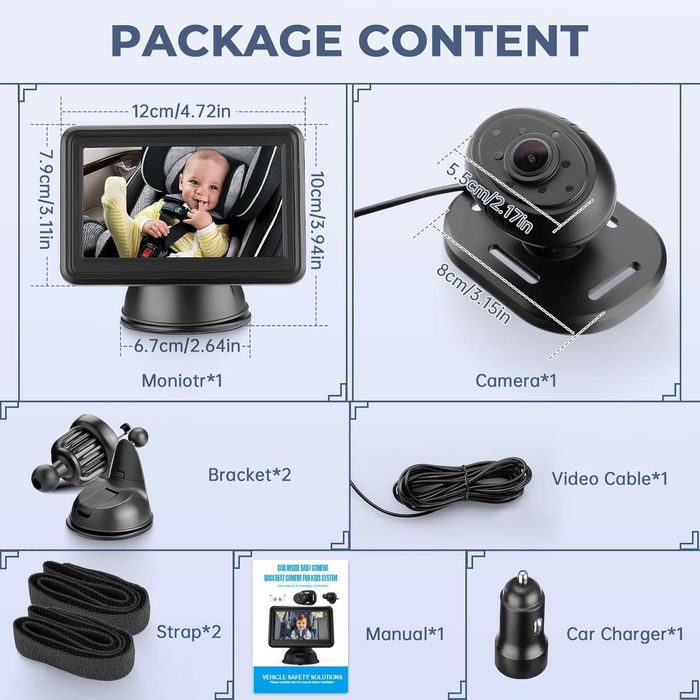 Бебешка автомобилна камера GEARCELL HD 1080P, 64GB карта, 4.3" дисплей
