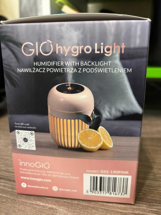 Овлажнител за въздух InnoGio, 600 ml, USB зареждане,лампа, розов