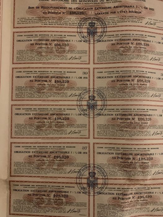 titlu stat 1000 franci aur 1931 Royaume de Roumanie bond neincasat