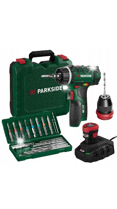 Parkside bormasina filetanta baterie 4A 2A incarcator 12V trusa biți