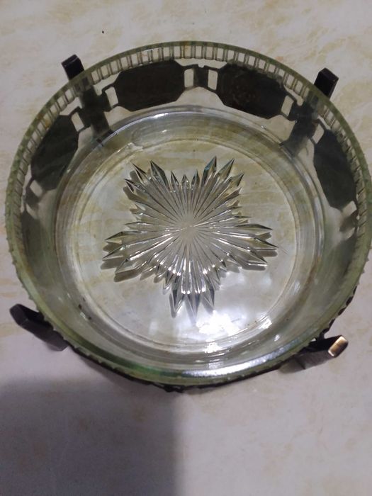 Винтажная ваза конфетница стекло с металлом