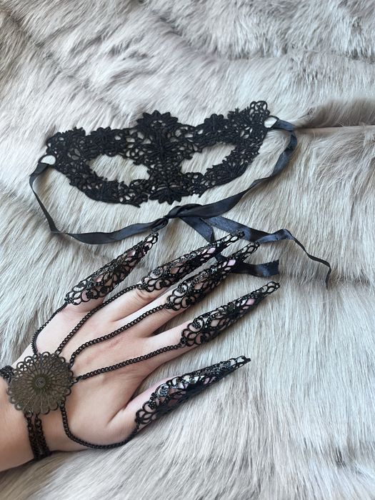 Черна перлена огърлица дантелена маска за лице готик гривна и пръстени