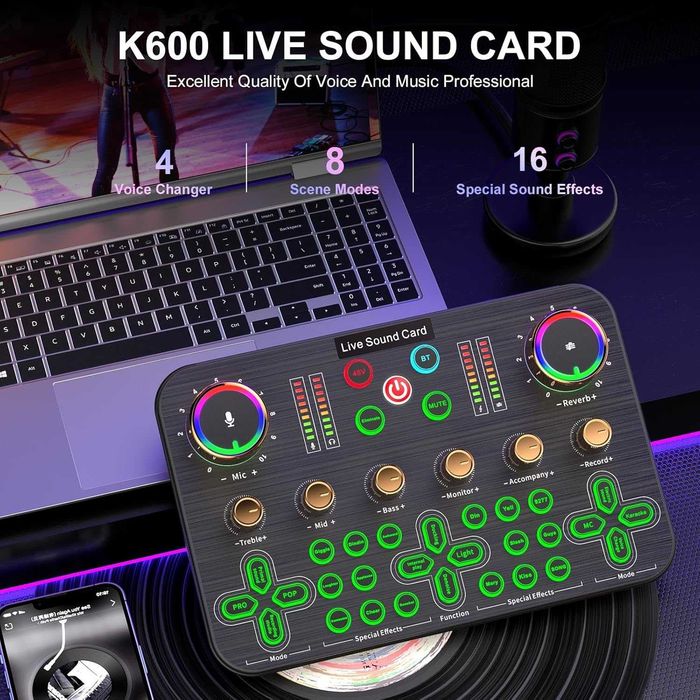 Facmogu K600 Геймърски аудио миксер, стрийминг аудио миксер с XLR микрофон