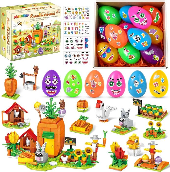 MOONTOY 12 великденски яйца,12 играчки-строителни блокчета и 4 стикера