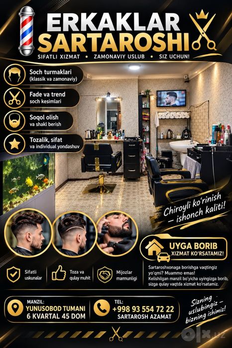 Erkaklar sartaroshi. Salon va uyga borib xizmat ko'rstamiz.