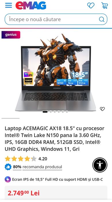 Laptop ACEMAGIC AX18 18.5" cu procesor Intel® Twin Lake N150 pana la 3.60 GHz, IPS, 16GB DDR4 RAM, 512GB SSD, Windows 11, Gri, produs NOU