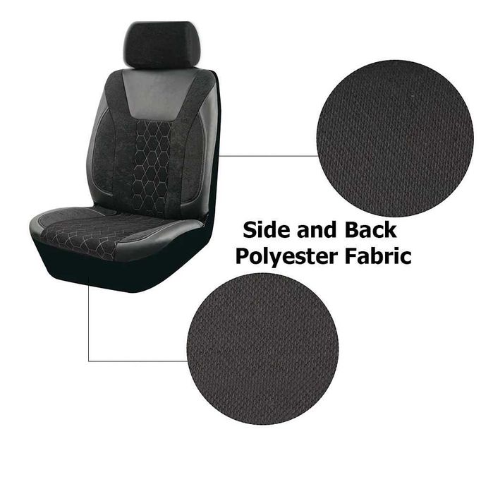 Луксозен универсален комплект автомобилни калъфи 9 части от еко кожа, текстил и полиестер - черно-сив