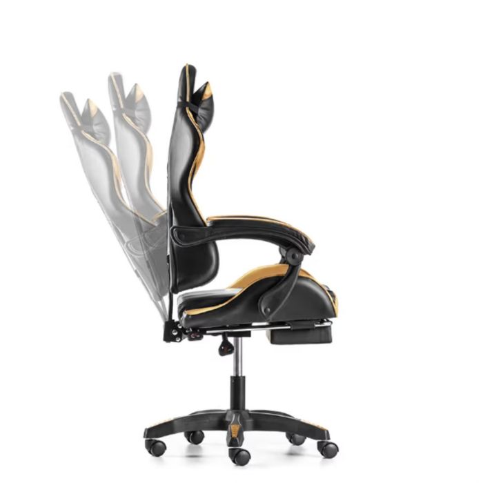 Черен геймърски стол с златисти акценти и разтегляема поставка за крак
