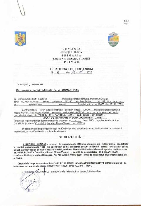 Vand Teren intravilan 1639mp