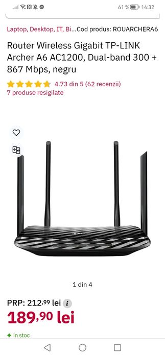 Router Wireless Gigabit TP-LINK Archer A6 AC1200, Dual-band 300 + 867