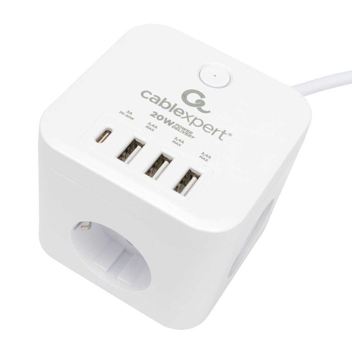 Сетевой фильтр Cablexpert Cube CUBE-3-CU3-W-1.5, 3р, 10А, 1xType-C PD