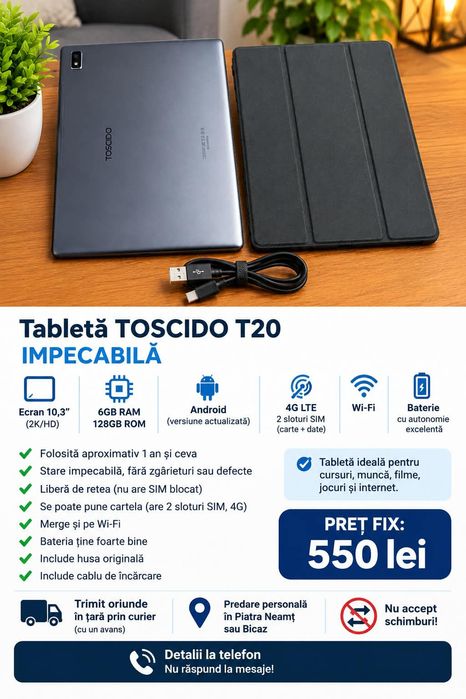 Vând Tableta Toschido Impecabila ca Noua 128GB 6GB Ram Sim Wifi Trimit Preț fix Predau Nu schimb
