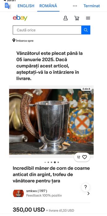 Cana placata argint(silver plated)Pinder Bros cu maner de coarne Angli