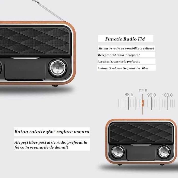Radio portabil retro Bluetooth FM AUX difuzor wireless baterie 2000mAh