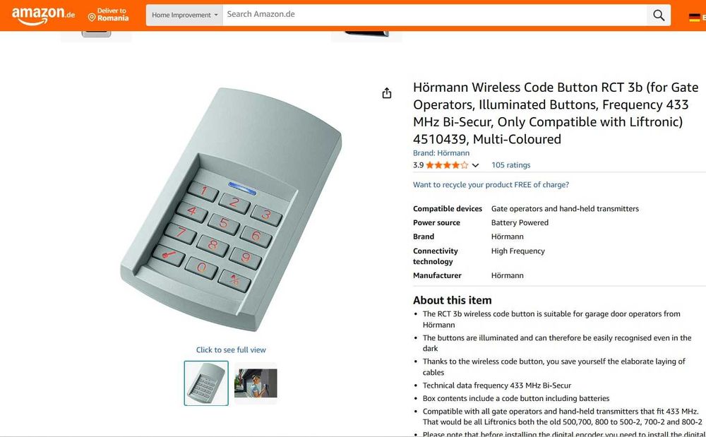 Tastatura wireless Hörmann RCT 3b