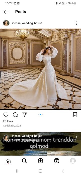 Tayyor biznes kelin kuylaklari aksesuarlari mebellari bilan sotiladi