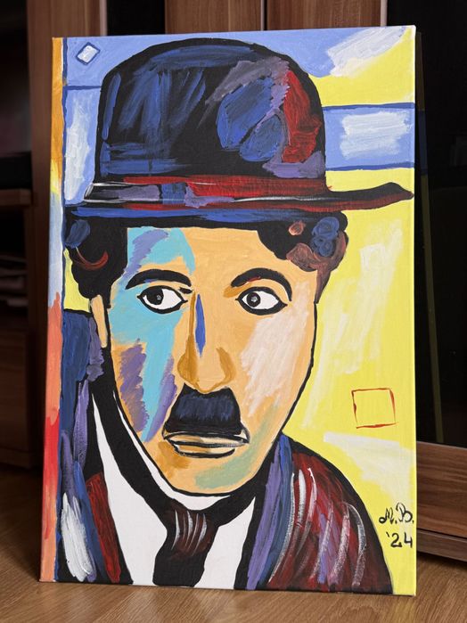 Tablou modern Charlie Chaplin pictat manual – acrilic pe panza