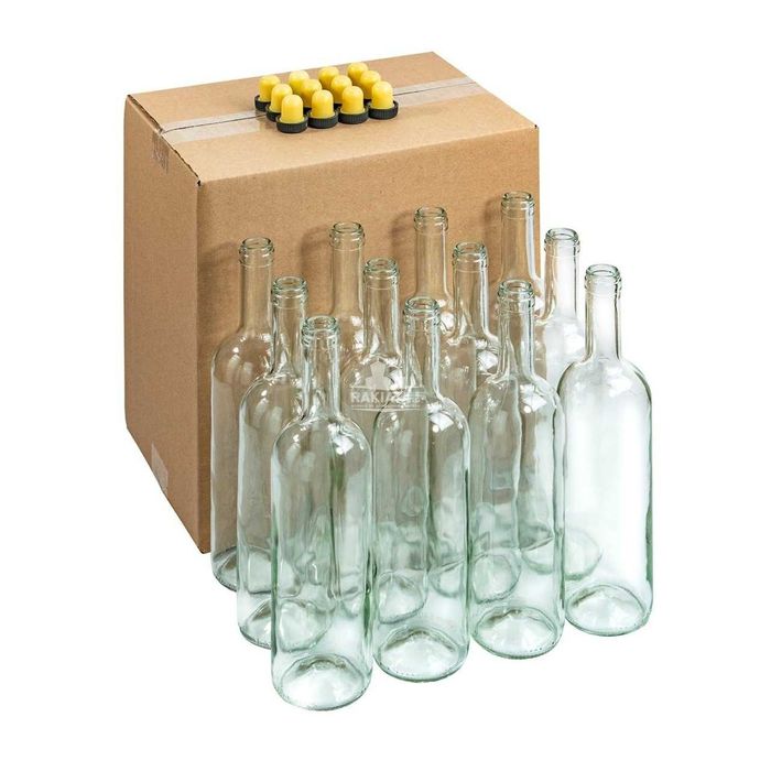 Стъклени бутилки 750 мл. за вино и ракия., 12 броя + кашон + тапи