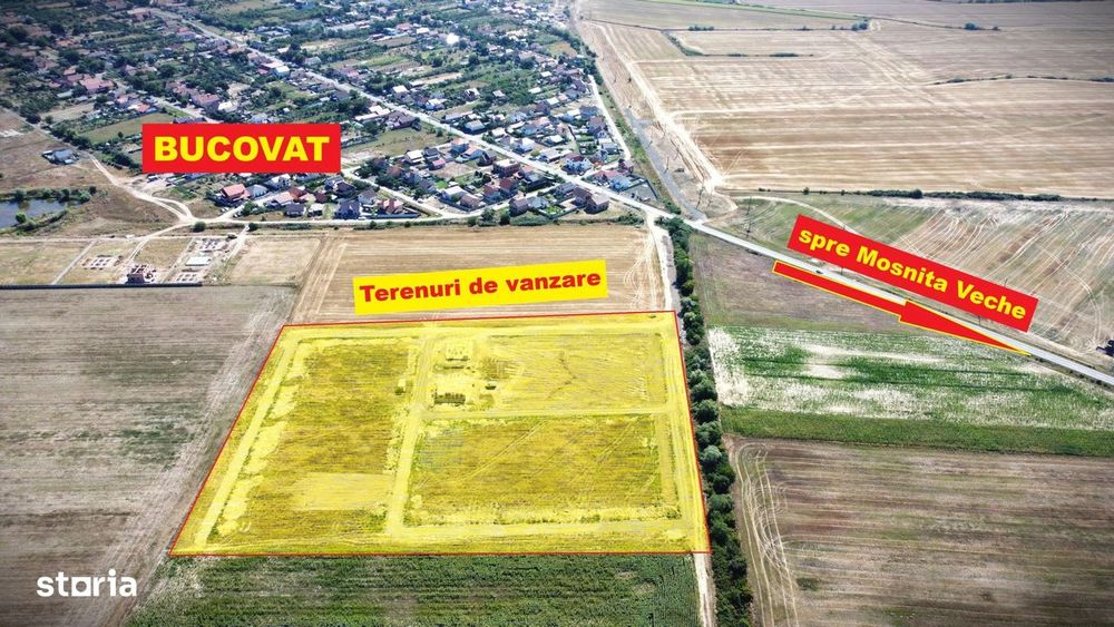 Terenuri intre Mosnita si Bucovat, cu gaz, apa, curent– 62 euro/mp+TVA
