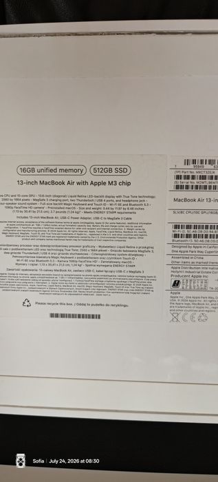Лаптоп MacBook Air 13 M3 16GB 512 SSD като НОВ