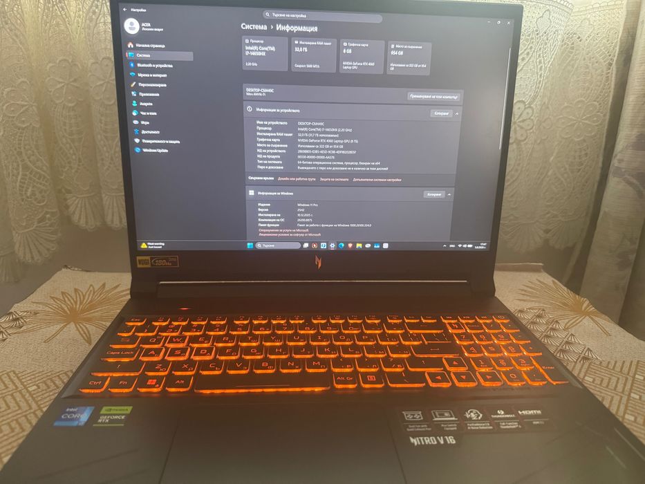 Лаптоп acer nitro v16 RTX 4060 32GB RAM INTEL7 ГАРАНЦИЯ!