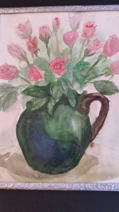 Ваза с цветя. Акварел. В прекрасна сребърна рамка със стъкло отпред.