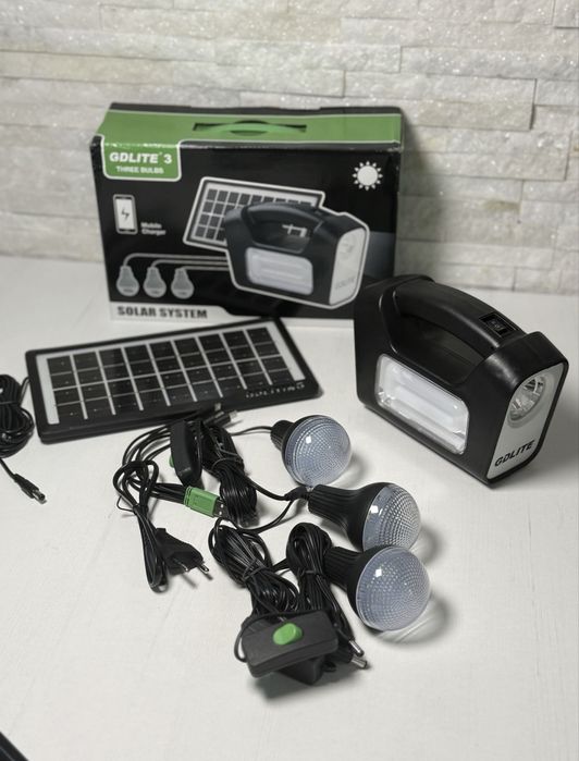 Kit Solar Portabil pentru Camping Bibica Edition – Sistem de Iluminat cu Panou Solar, Acumulator, Lanternă, Lampă U și 3 Becuri LED