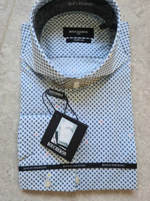 Cămașă lux bărbați Boucheron M Slim Fit 100% bumbac noua alb bleu