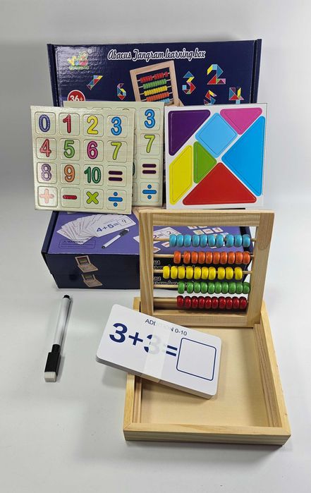 Дървено сметало абакус с числа, карти и танграм