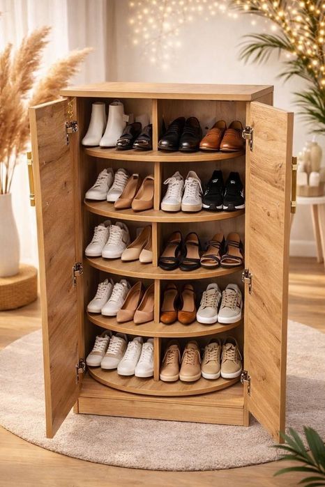 Деревянный обувной шкаф с вращающимися полками.
