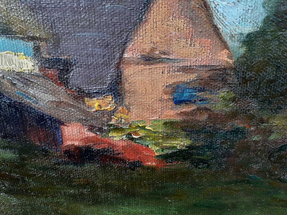 Tablou vechi 1909 - peisaj cu case -  semnat