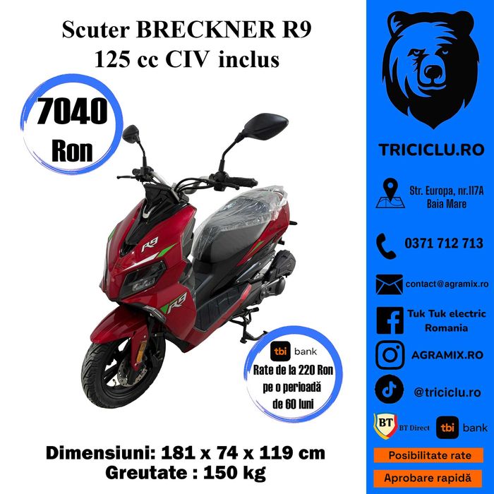 Scuter Breckner R9 visiniu gri 125 CU PERMIS pe benzina Agramix