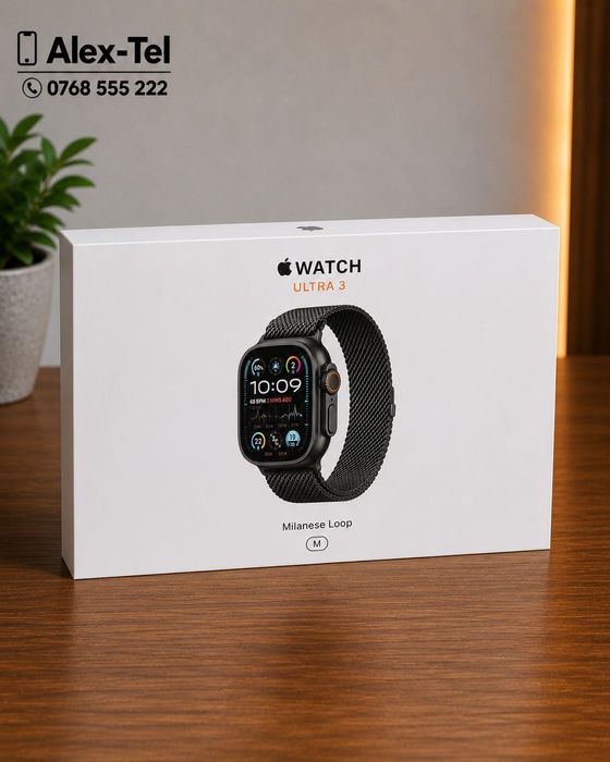Alex-Tel® Apple Watch Ultra 3 49mm Black Titanium Curea Milanese Loop M Sigilat
