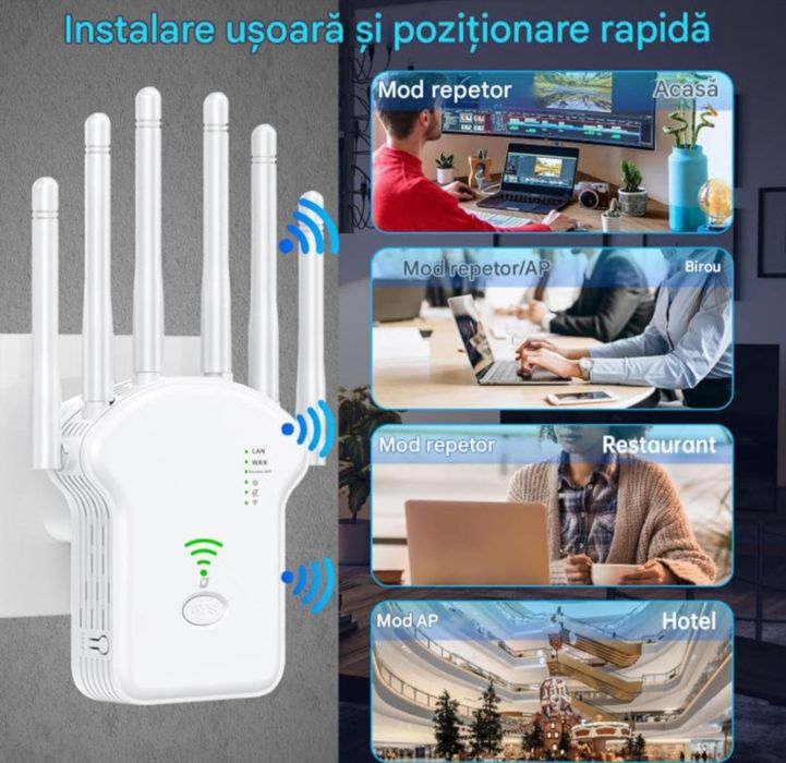 Amplificator Semnal Wireless Range Extender Retea WiFi 6 Antene Retea 2.4 & 5GHz Dual Band 2 Antena incorporata 1200Mbps 1x Port LAN