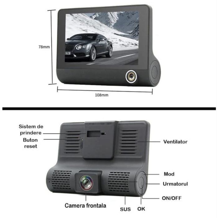 Camera video auto WDR tripla DVR Full HD 1080P 4 inch negru