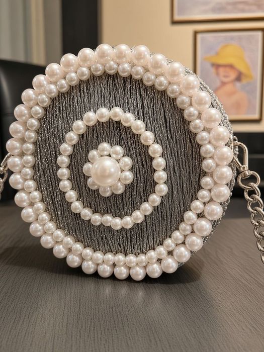 Geanta Seara Ocazie Argintie cu Perle - Handmade Unicat Nouă