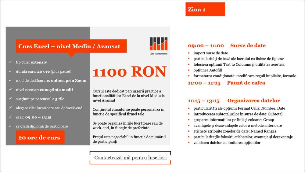 Consultanta Excel, meditatii Excel si curs Excel online de la 40 EUR