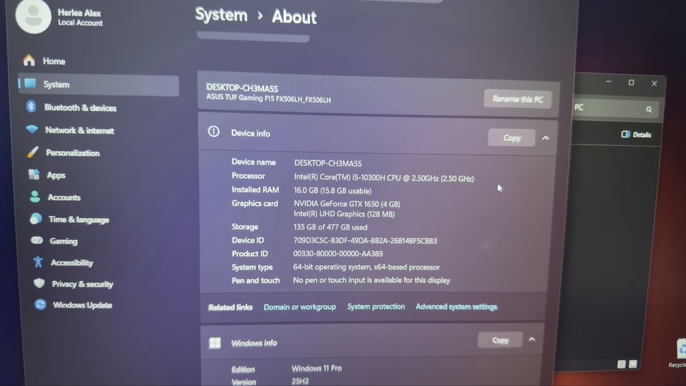 Laptop gaming asus tuf f15 i5-10300H gtx 1650 ti, 16gb 144hz