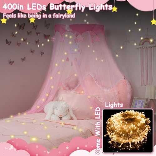 Нов Принцески балдахин с LED звезди – розов, за детска стая, момиче