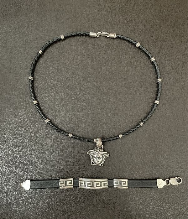 Сребърна гривна Versace Версаче с естествена кожа+ колие + висулка