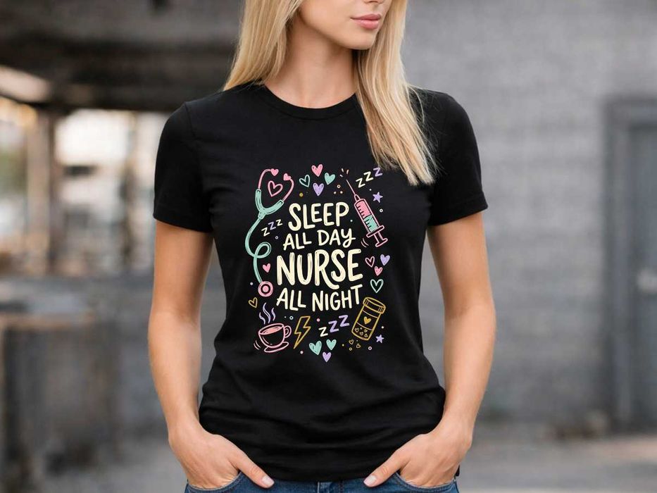 Дамска черна тениска „Sleep All Day, Nurse All Night“