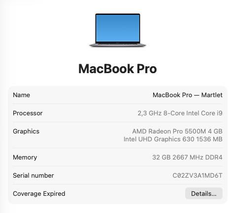 Macbook pro 16 2019, i9 2,3 ghz/32gb/1tb