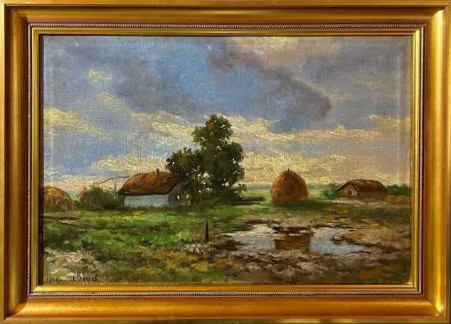 Tablou foarte VECHI, ulei pe panza, semnat stanga jos, 60x40cm+latimea ramei. Rama lemn masiv