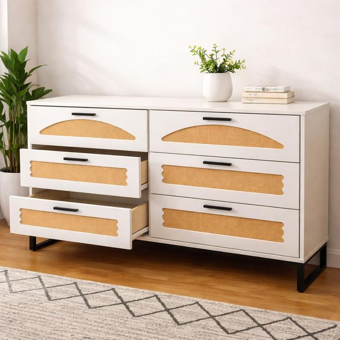 Comodă modernă cu ratan, 6 sertare, albă, stare excelentă – PREȚ MIC