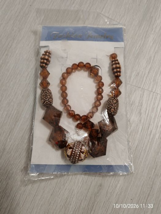 Set colier chihlimbar maro cu brățară și cercei