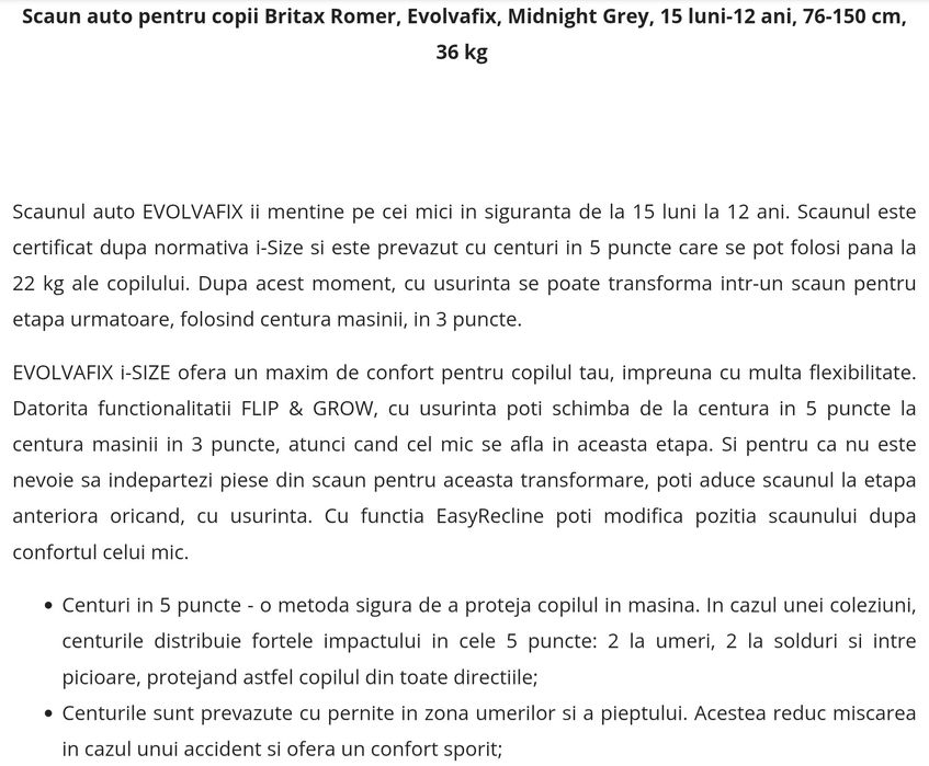Scaun auto pentru copii Britax Romer, Evolvafix, Midnight Grey, 15 luni-12 ani, 76-150 cm, 36 kg