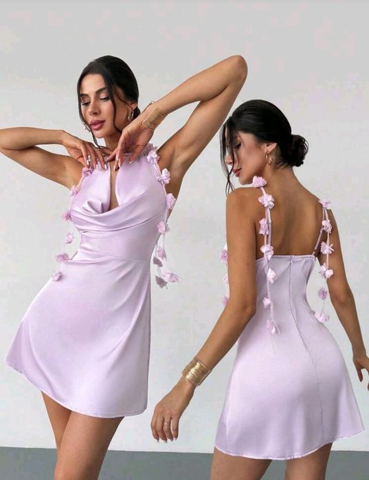 Лилава сатенена рокля SHEIN с цветя – размер S – нова