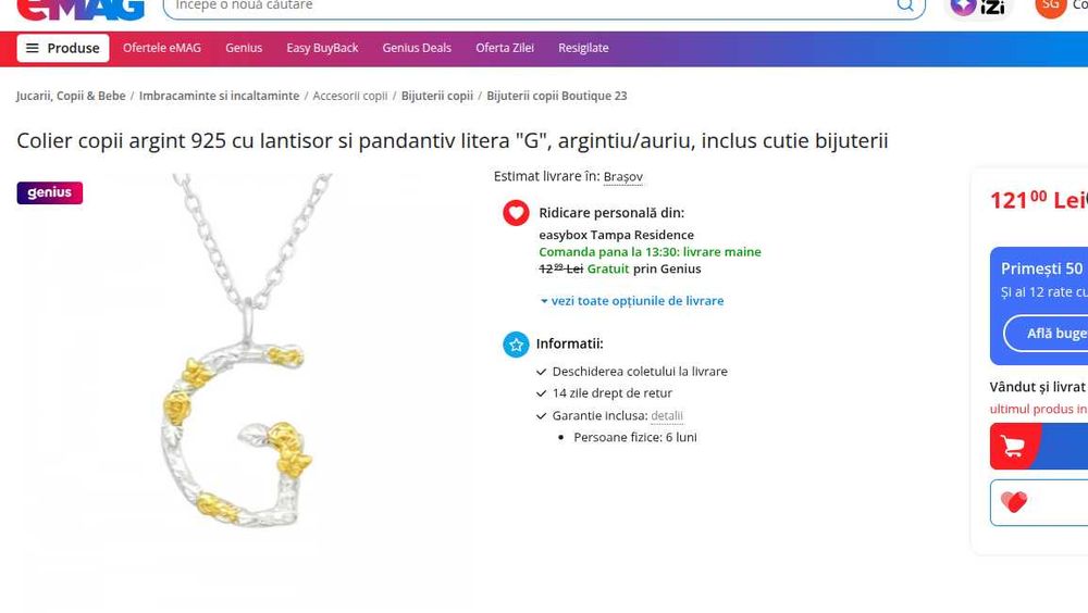 Colier copii argint 925 cu lantisor si pandantiv litera "G", argintiu/auriu
